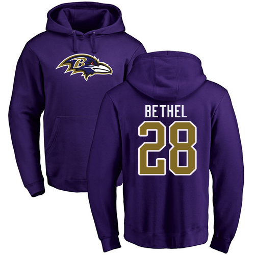 Men Baltimore Ravens Purple Justin Bethel Name and Number Logo NFL Football #28 Pullover Hoodie Sweatshirt